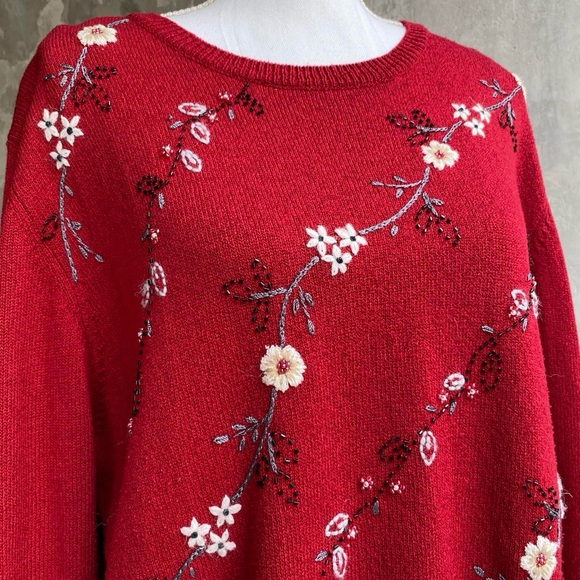 Vintage 90s Red Embroidered Grandma Sweater - Picture 2 of 4